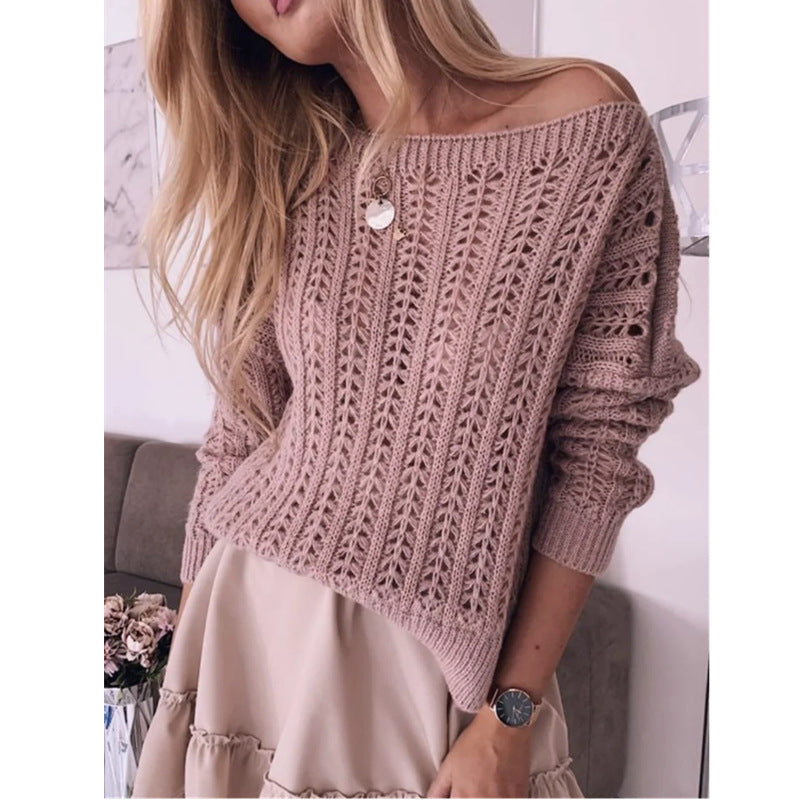 Pure Color Elegant Hollow Strapless Sexy Knitted Sweaters