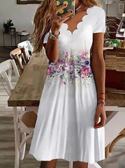 Printed Chic women short sleeve  petal collar Shift Dresses