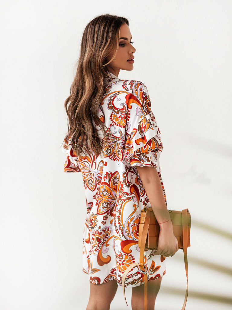 Printed elegant summer speing shirt neck skater dresses