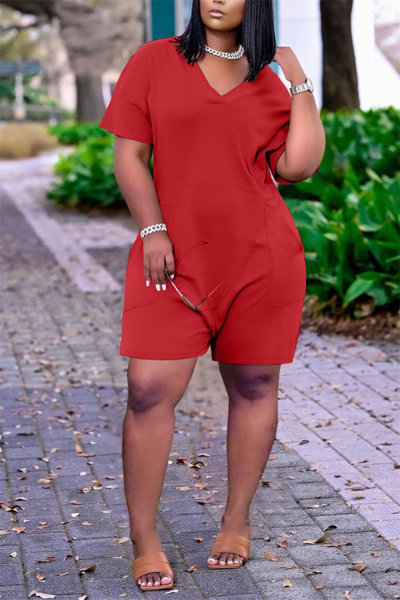 V Neck Solid Color Short Sleeve Pocket Romper