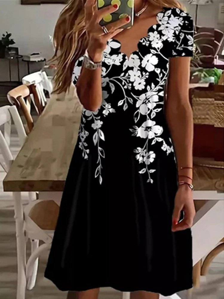 Printed Chic women short sleeve  petal collar Shift Dresses