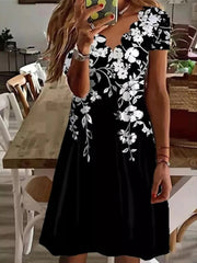 Printed Chic women short sleeve  petal collar Shift Dresses