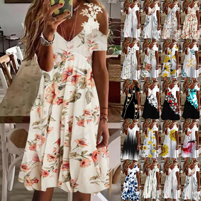 Printed Lace v neck short sleeve off shoulder fashion shift dresses