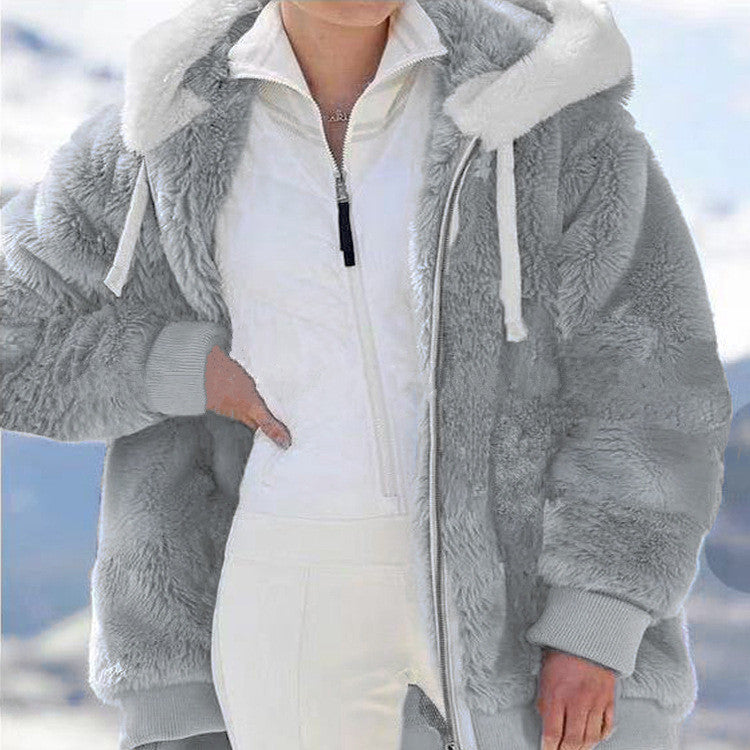 Plush coat loose long-sleeved zipper hooded coats