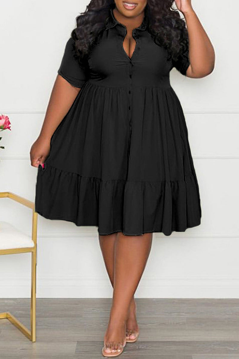 Plus Size Button Up Wide Lapel Ruched Dress