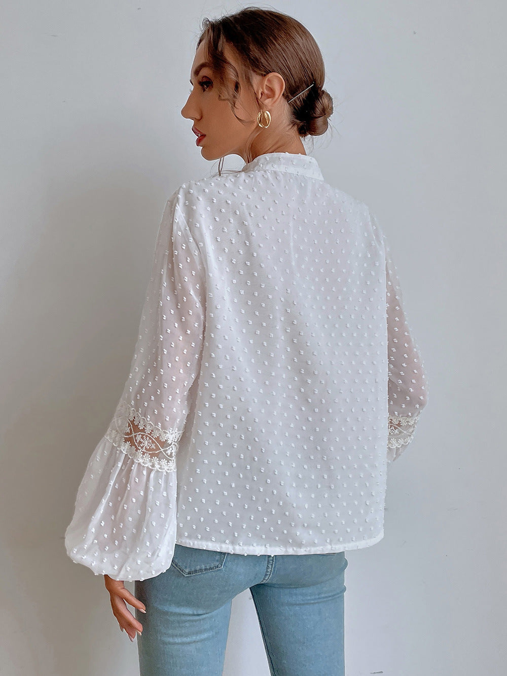 Polka Dot Chiffon Lace Panel Loose Blouses