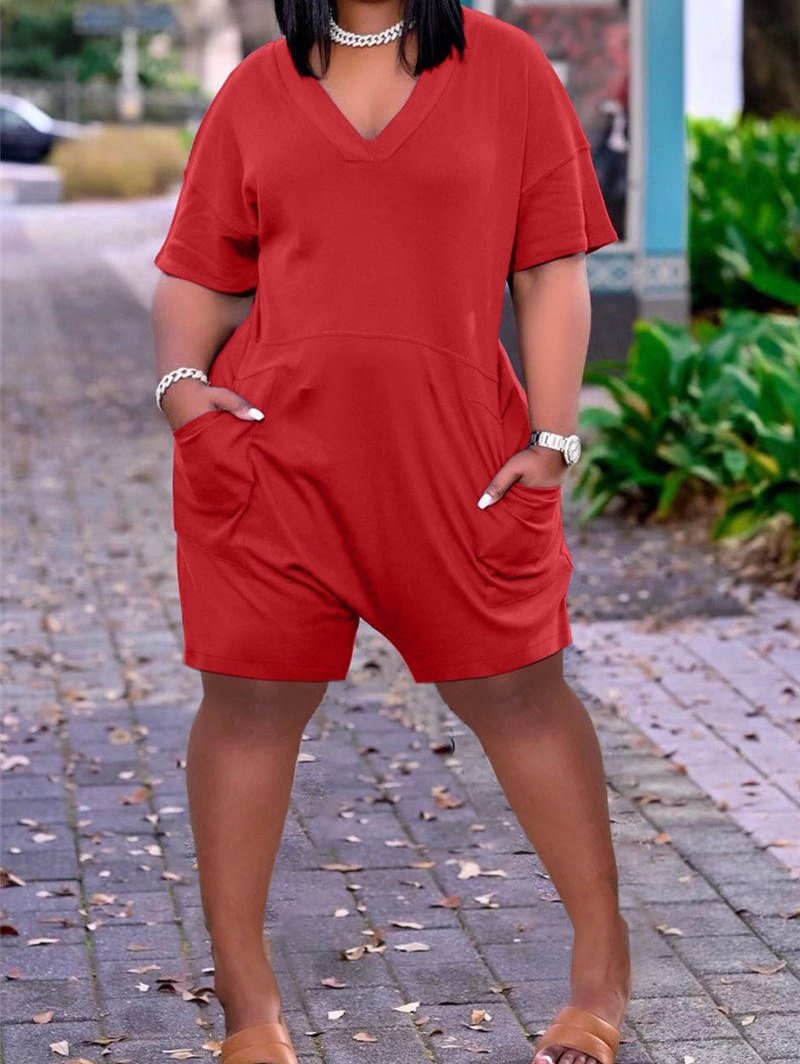 V Neck Solid Color Short Sleeve Pocket Romper