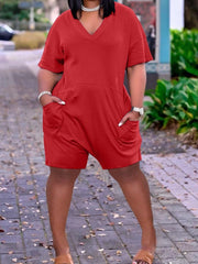 V Neck Solid Color Short Sleeve Pocket Romper