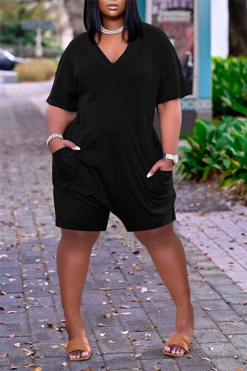 V Neck Solid Color Short Sleeve Pocket Romper