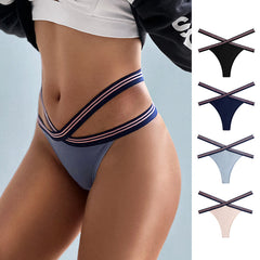 Female Contrast Color Stripe Hollow Out T-Back Cotton Panties