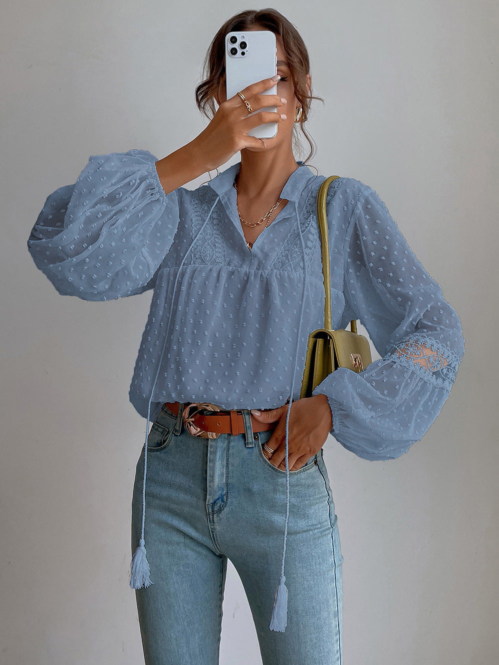 Polka Dot Chiffon Lace Panel Loose Blouses