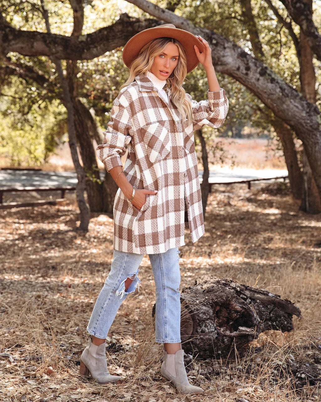 Plaid Grid Long Jacket Turn down neck pockets long blouses