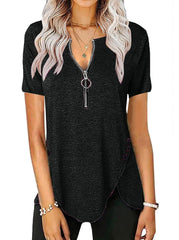 Plus Size Women's Casual Short Sleeve Top V Neck Zip Button T-Shirts