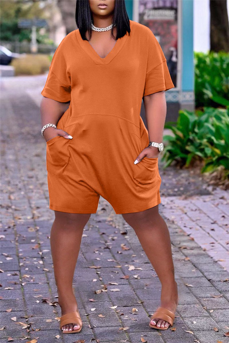 V Neck Solid Color Short Sleeve Pocket Romper