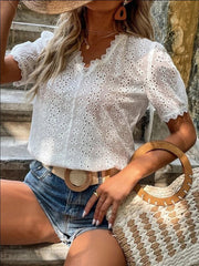 Pure color v neck lace short sleeve blouses