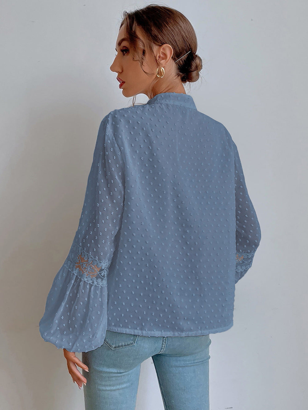 Polka Dot Chiffon Lace Panel Loose Blouses