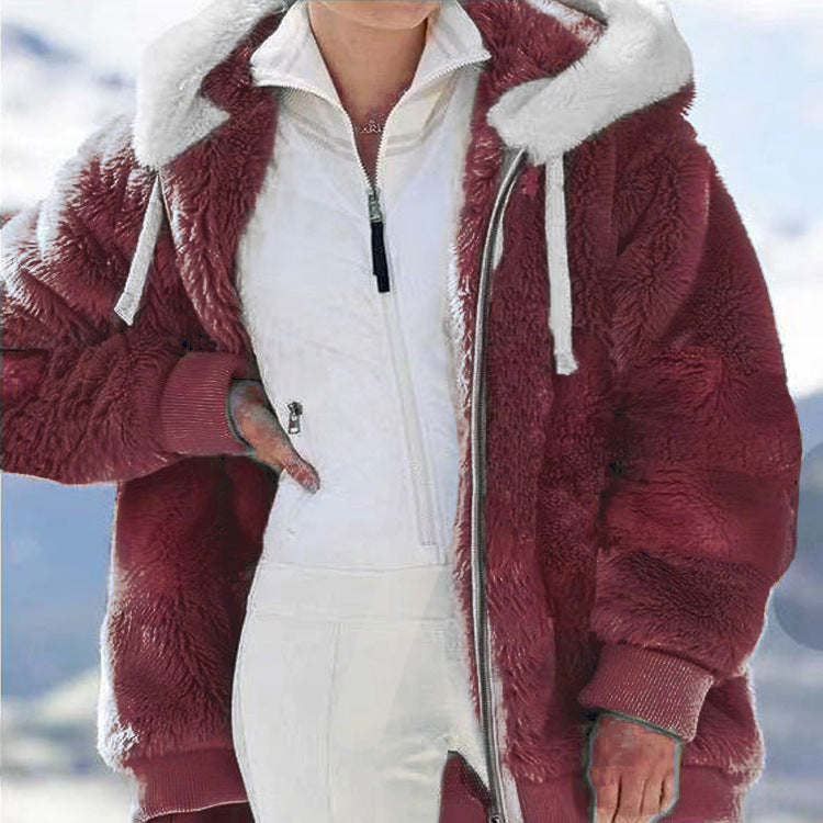 Plush coat loose long-sleeved zipper hooded coats