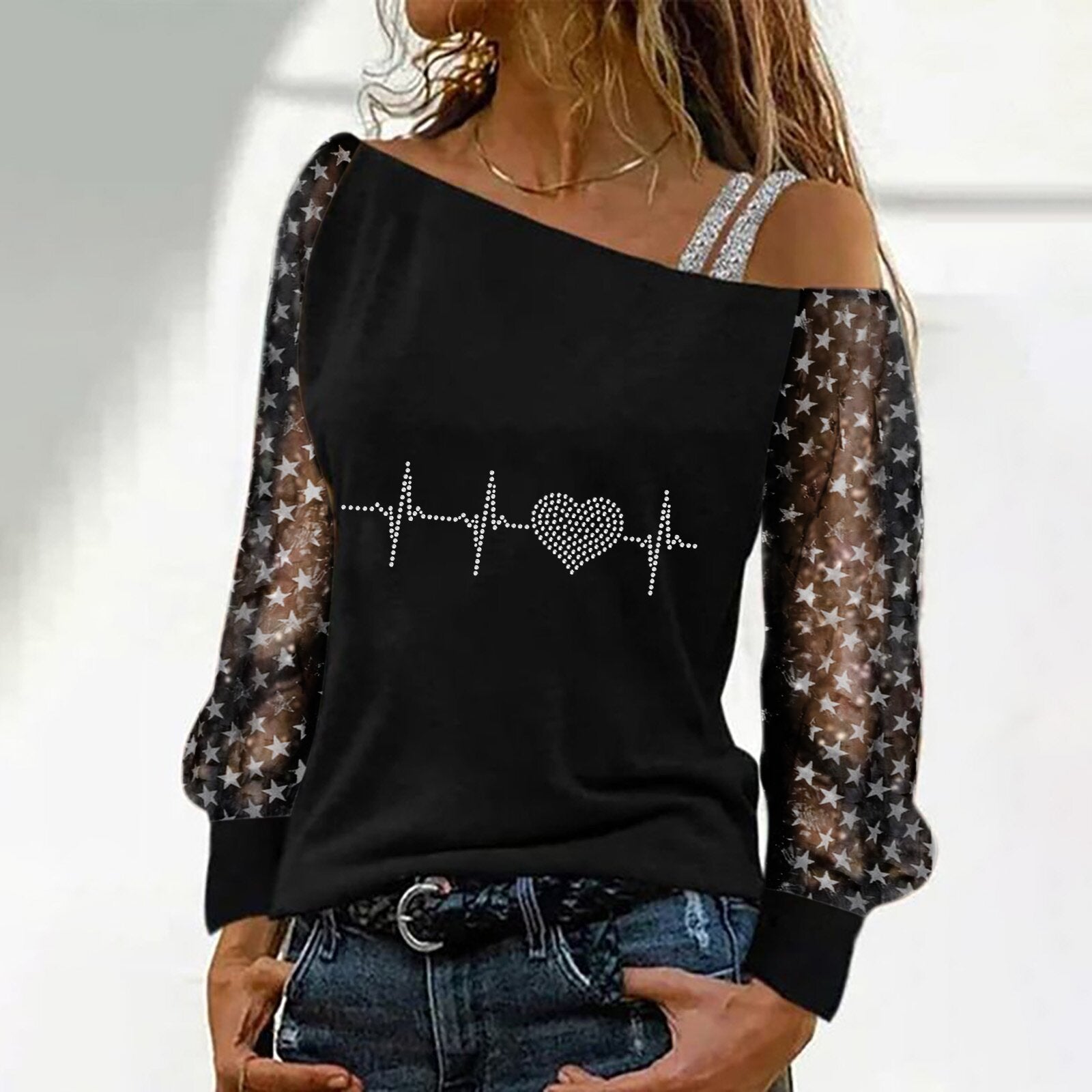 One off shoulder chic long sleeve black printed T-shirts