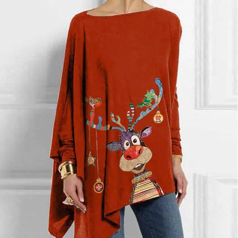 Pullover long-sleeved Christmas printing loose-fitting round neck casual women's T-shirts