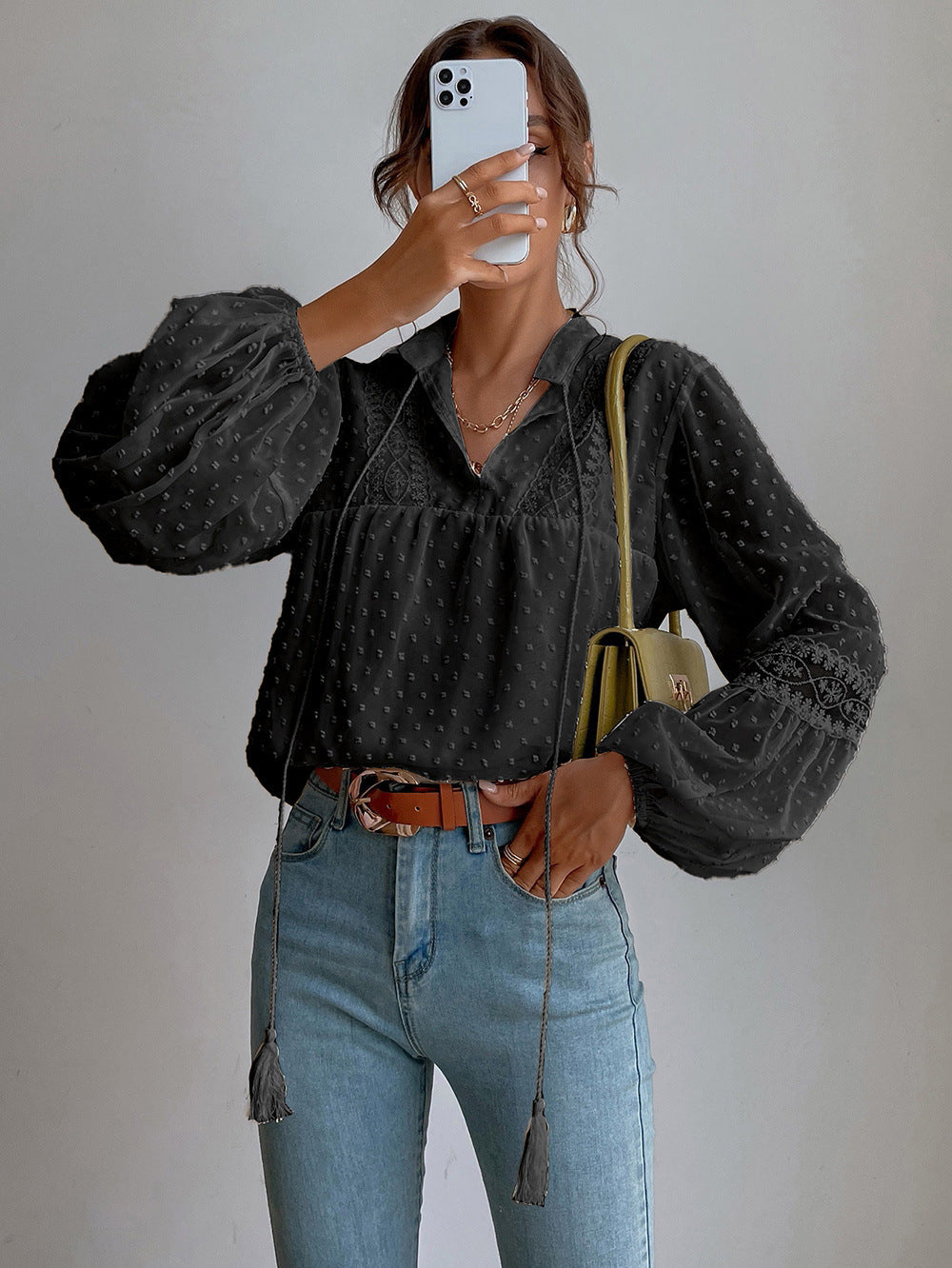 Polka Dot Chiffon Lace Panel Loose Blouses