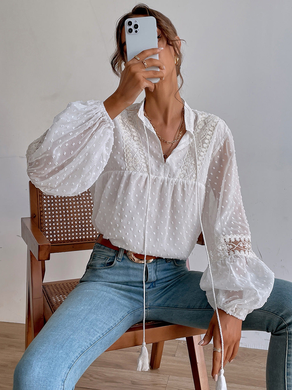 Polka Dot Chiffon Lace Panel Loose Blouses