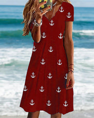 Printed Slim Short Sleeve Wave Neck Skater Dresses