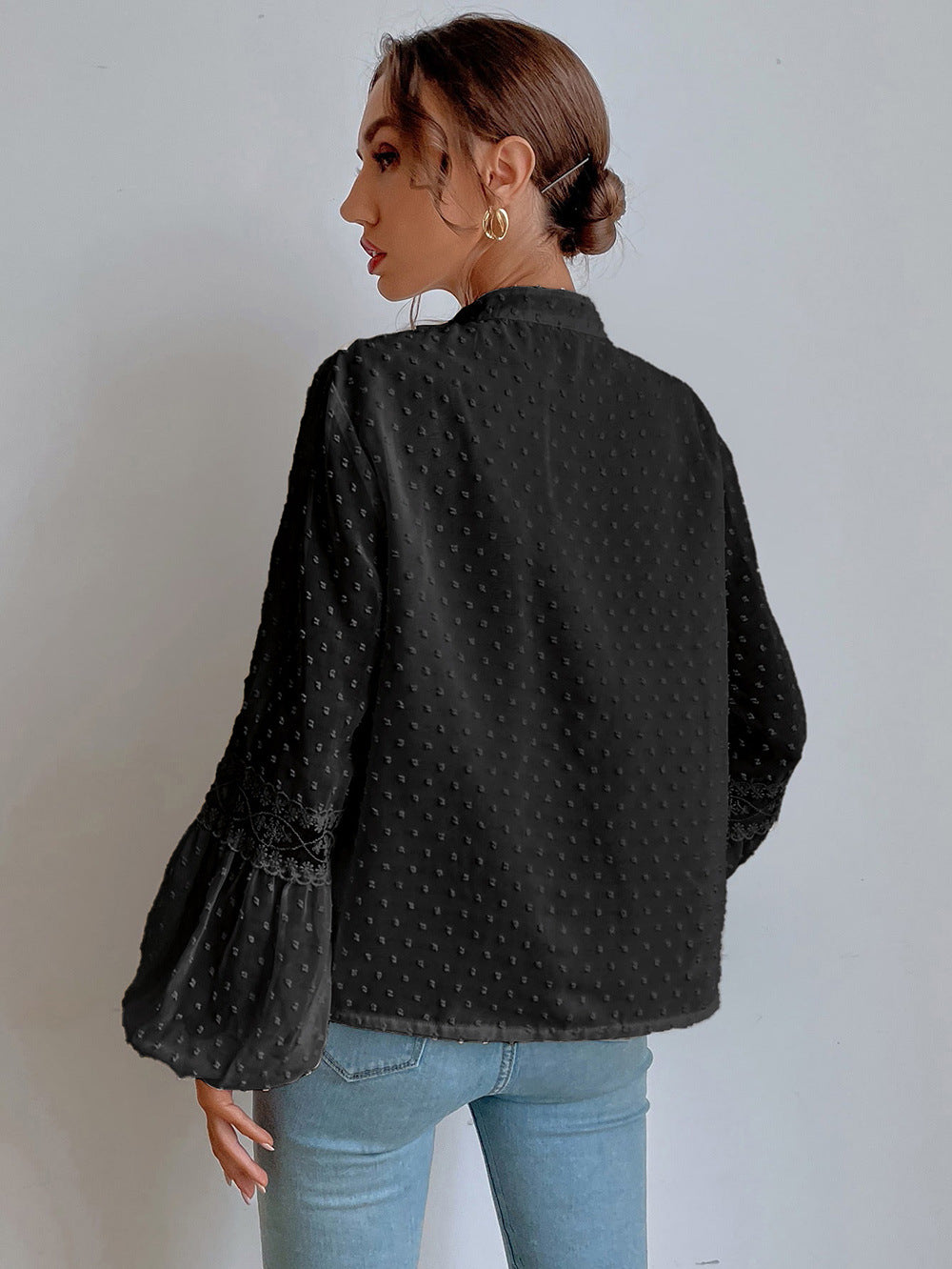Polka Dot Chiffon Lace Panel Loose Blouses