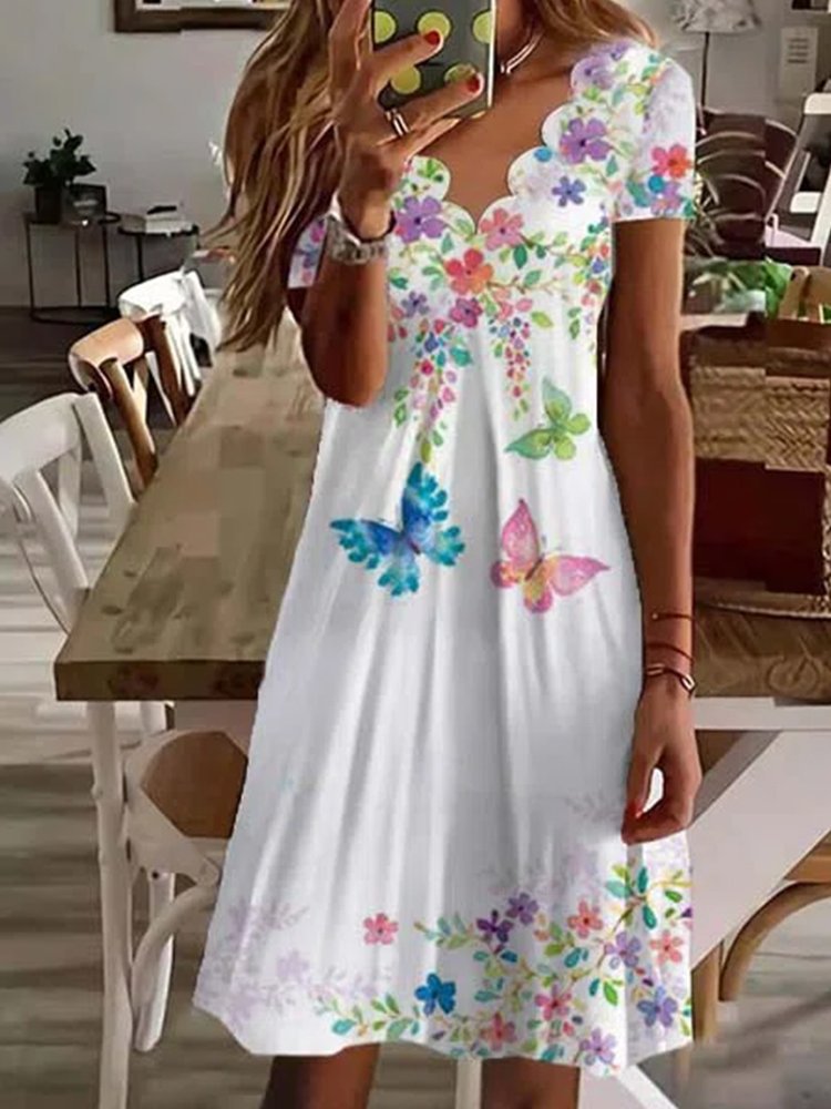 Printed Chic women short sleeve  petal collar Shift Dresses