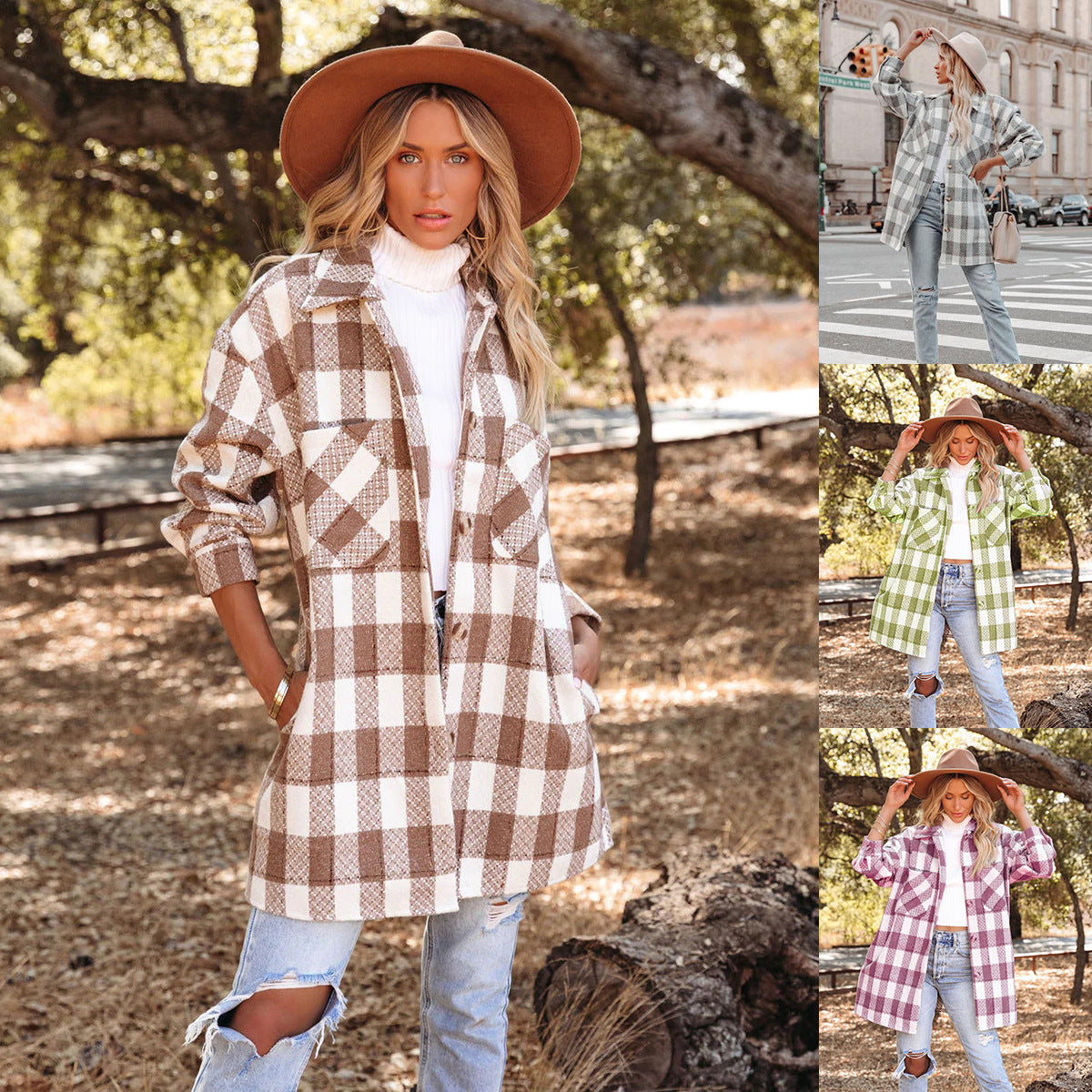 Plaid Grid Long Jacket Turn down neck pockets long blouses