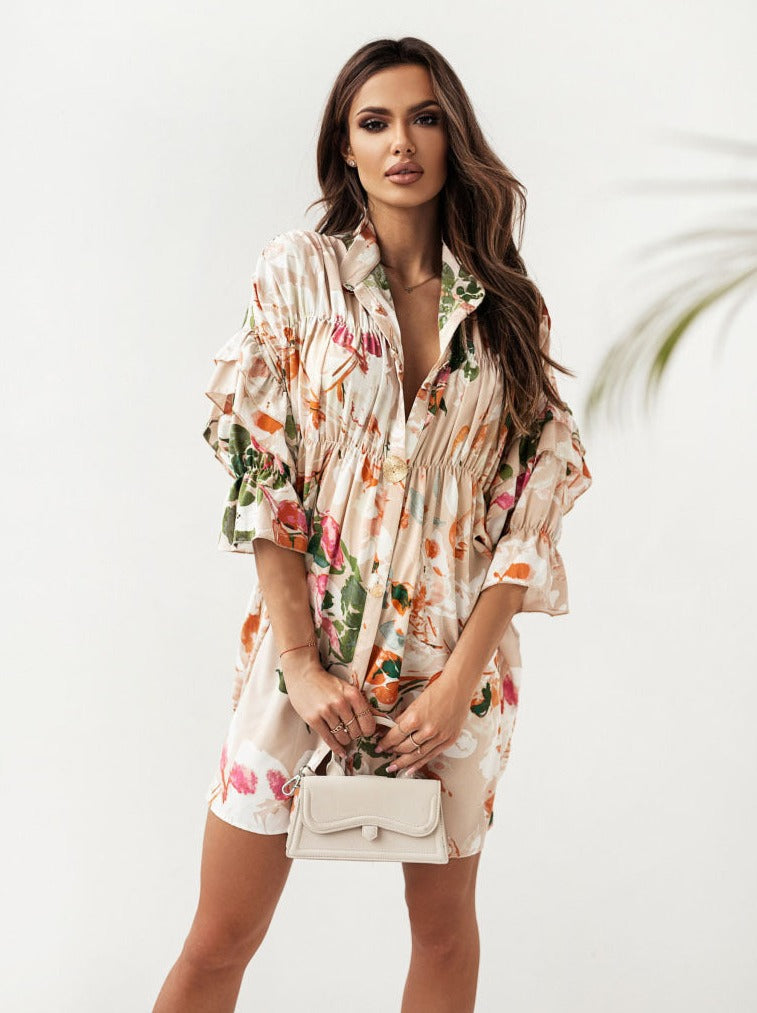 Printed elegant summer speing shirt neck skater dresses
