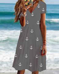 Printed Slim Short Sleeve Wave Neck Skater Dresses