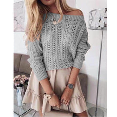 Pure Color Elegant Hollow Strapless Sexy Knitted Sweaters