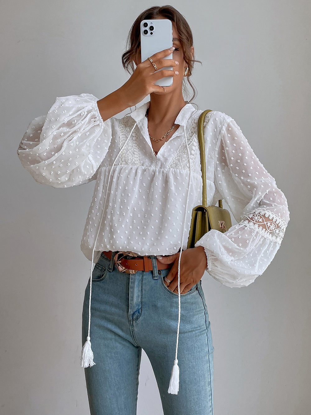 Polka Dot Chiffon Lace Panel Loose Blouses