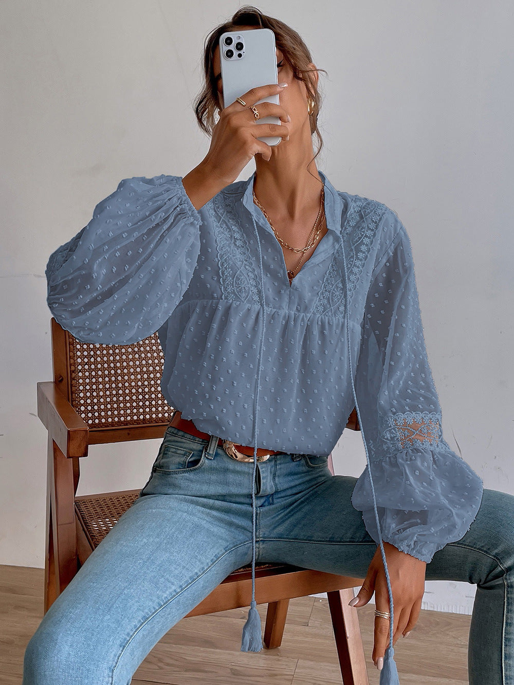 Polka Dot Chiffon Lace Panel Loose Blouses