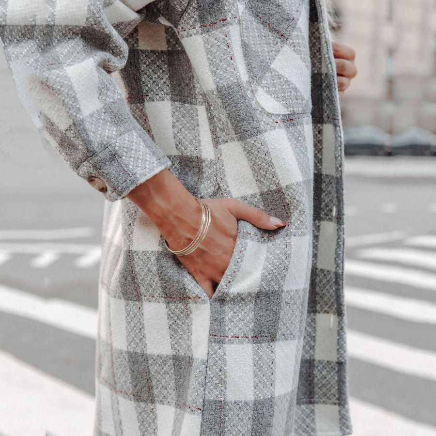 Plaid Grid Long Jacket Turn down neck pockets long blouses