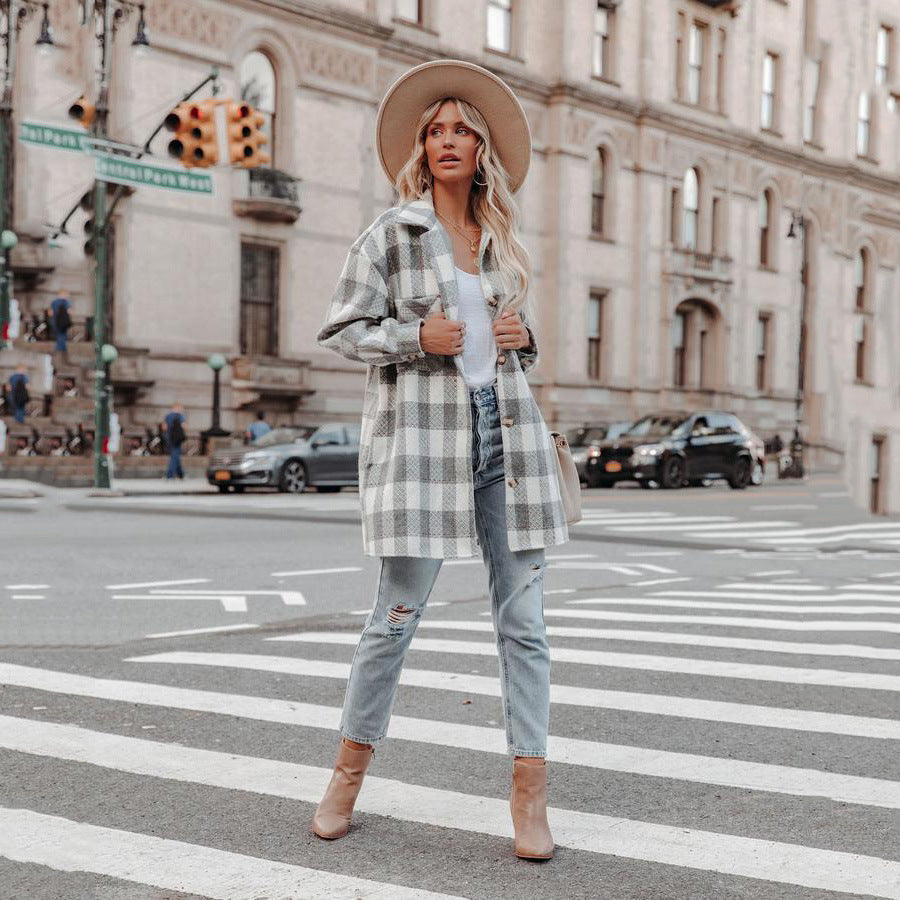 Plaid Grid Long Jacket Turn down neck pockets long blouses
