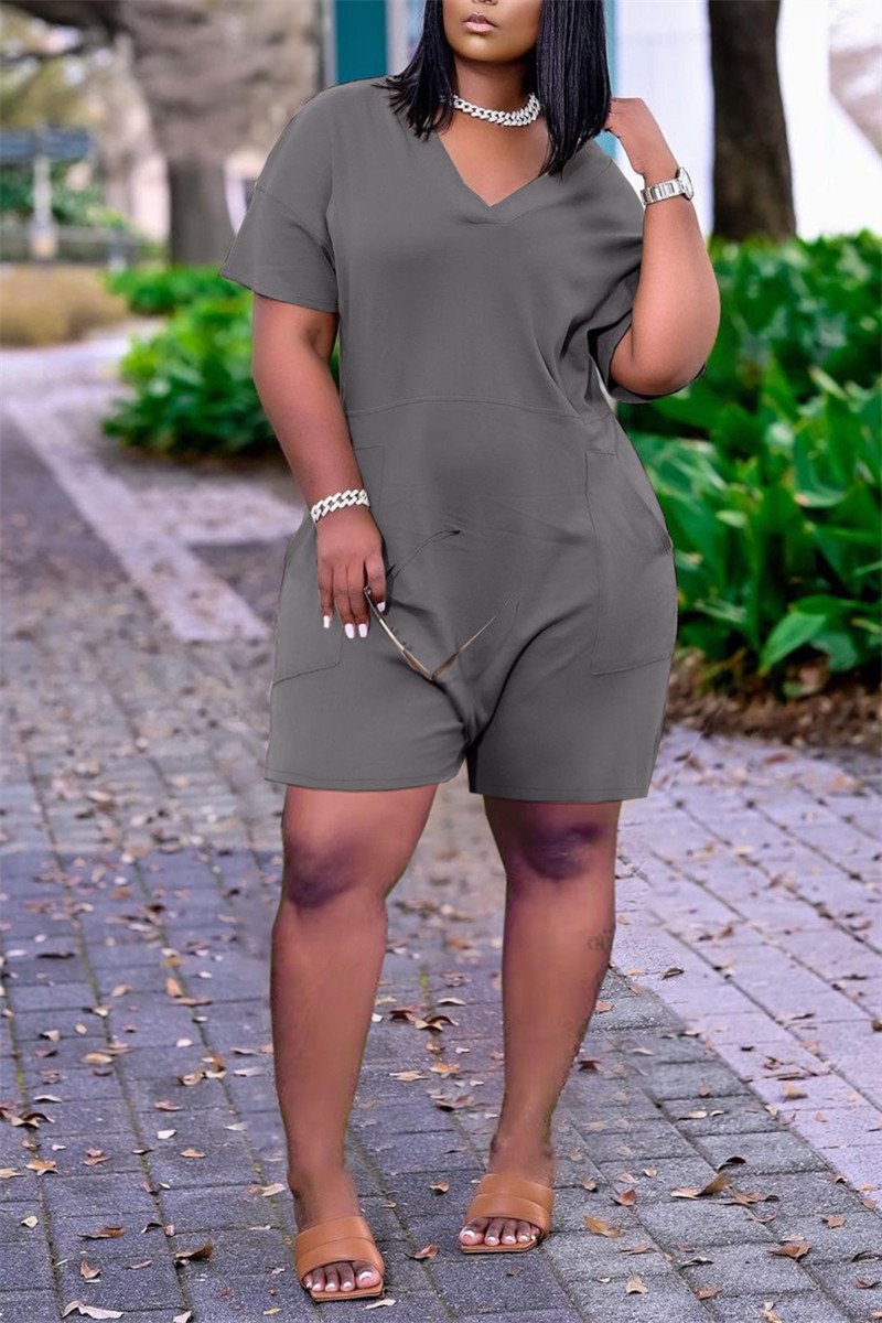 V Neck Solid Color Short Sleeve Pocket Romper