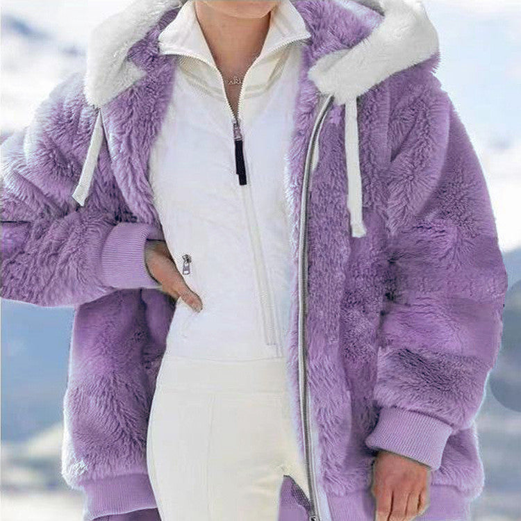 Plush coat loose long-sleeved zipper hooded coats