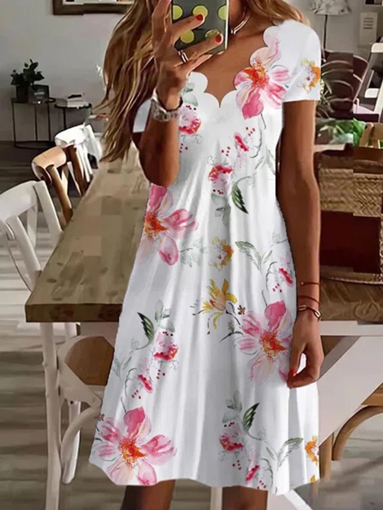 Printed Chic women short sleeve  petal collar Shift Dresses