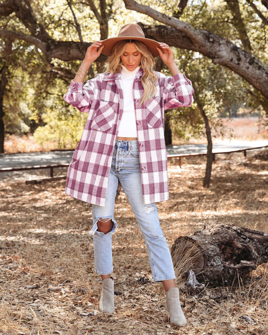 Plaid Grid Long Jacket Turn down neck pockets long blouses
