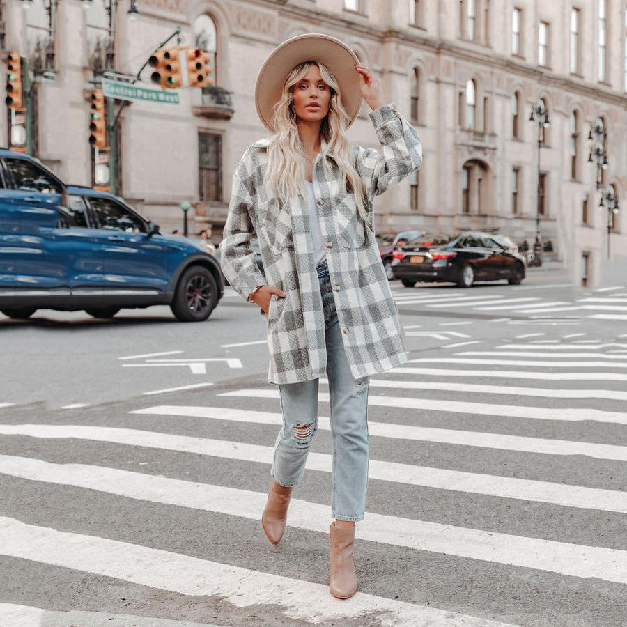 Plaid Grid Long Jacket Turn down neck pockets long blouses