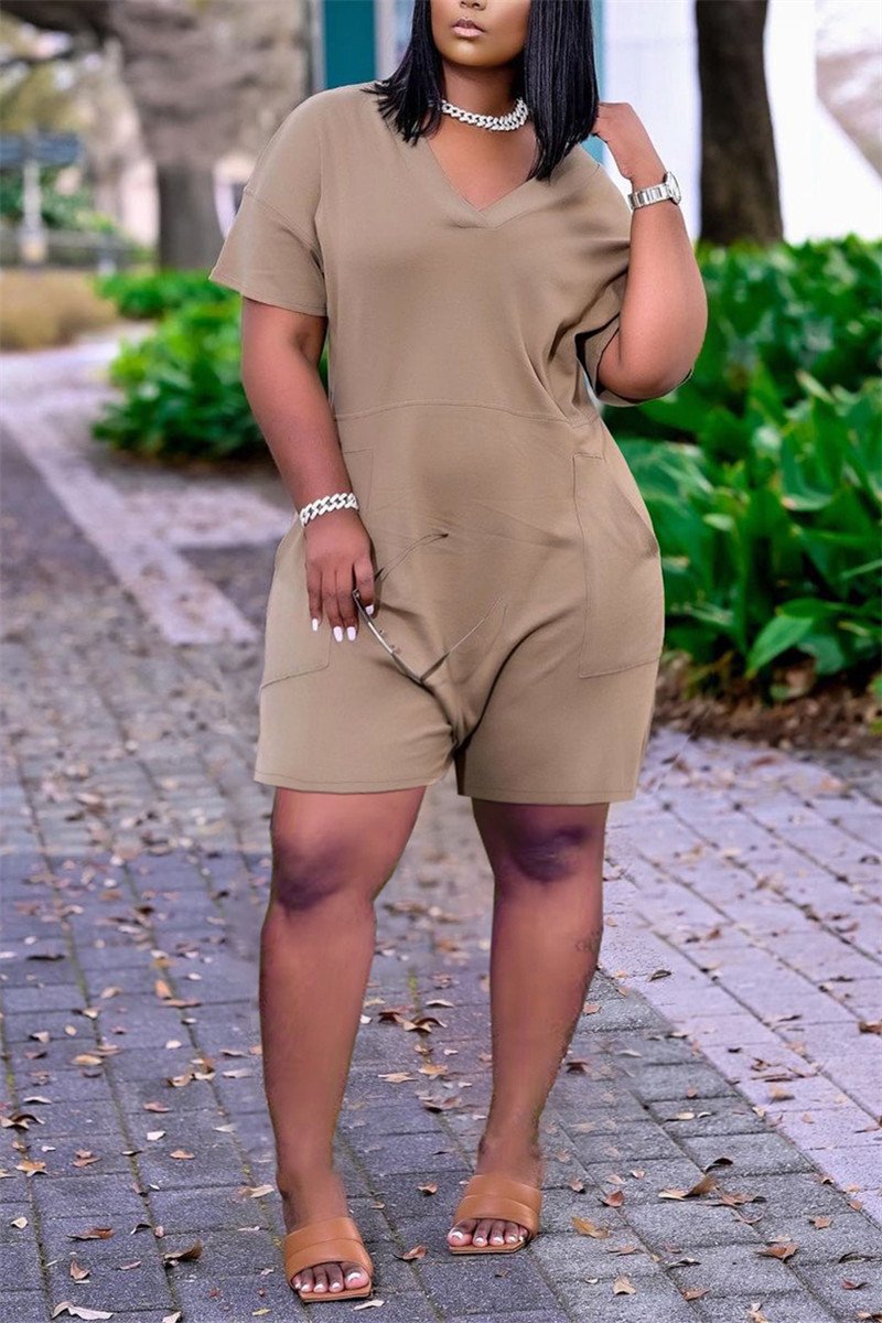 V Neck Solid Color Short Sleeve Pocket Romper