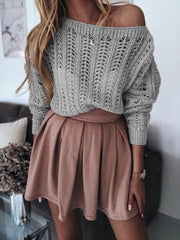 Pure Color Elegant Hollow Strapless Sexy Knitted Sweaters