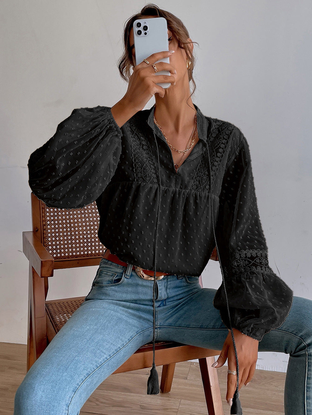 Polka Dot Chiffon Lace Panel Loose Blouses