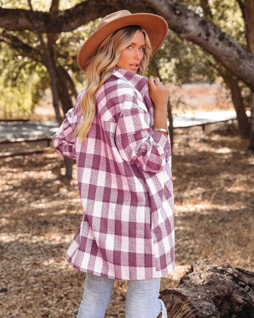 Plaid Grid Long Jacket Turn down neck pockets long blouses