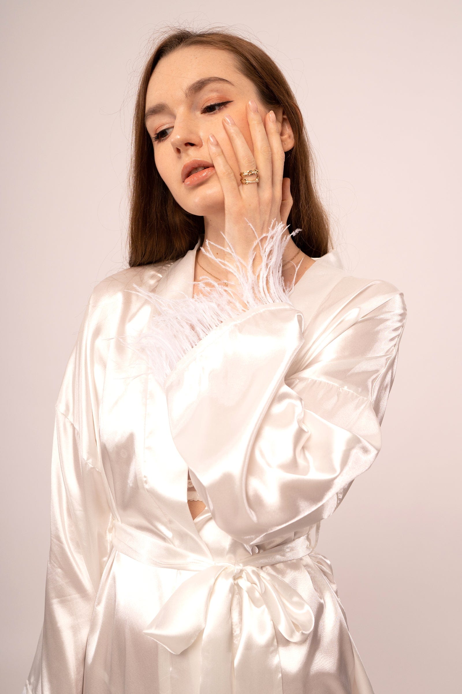 Damian Feather Trim Robe-White