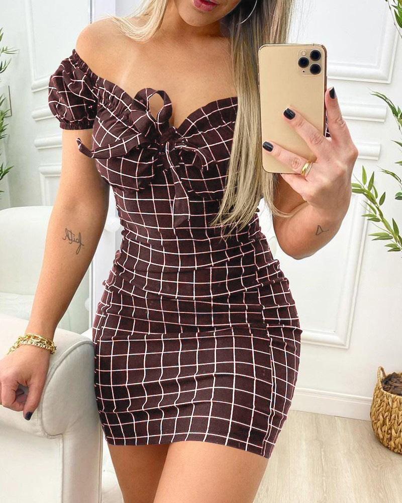 Plaid Printed Off Shoulder Sexy Women's Bodycon dresses