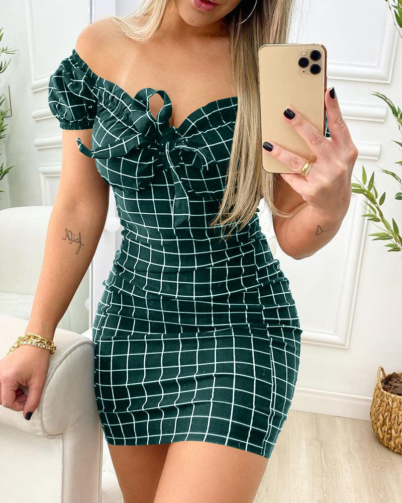 Plaid Printed Off Shoulder Sexy Women's Bodycon dresses