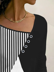 Plain color block stripe loose button top plus size T-shirts