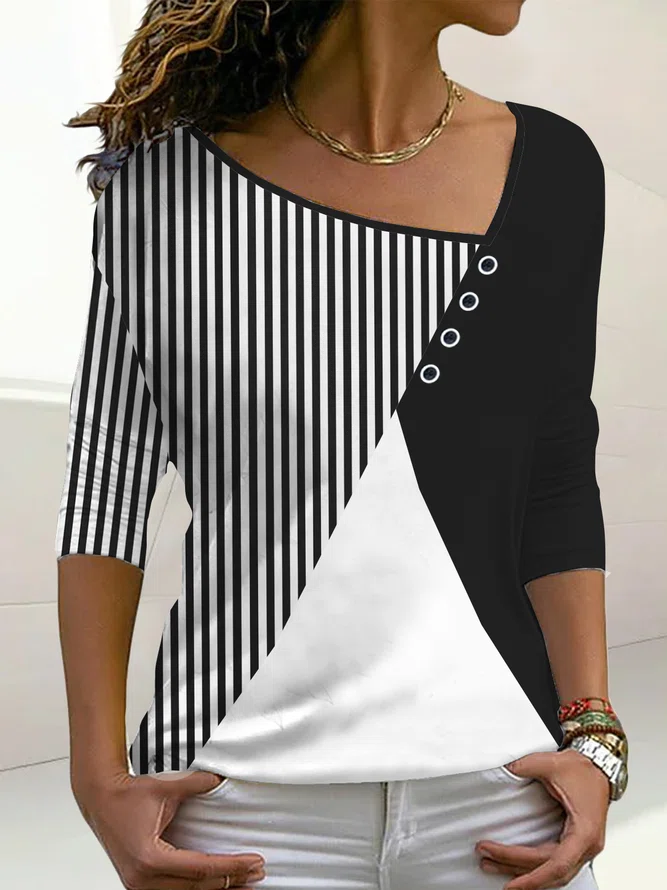 Plain color block stripe loose button top plus size T-shirts